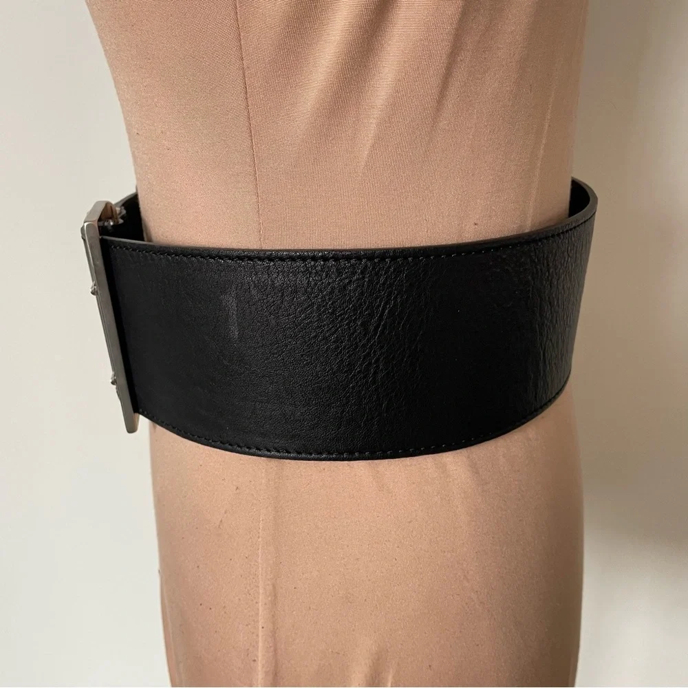 Gianfranco Ferre Black Leather Large Buckle Wide Waist Belt EUC Sz 80 32.5” x 3” - Picture 2 of 7